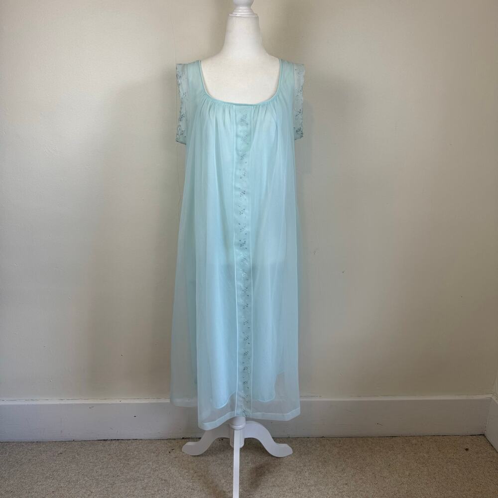 Vtg Lorraine L Mid Century Mod Chiffon Nightgown Embroidered Blue Peignoir USA